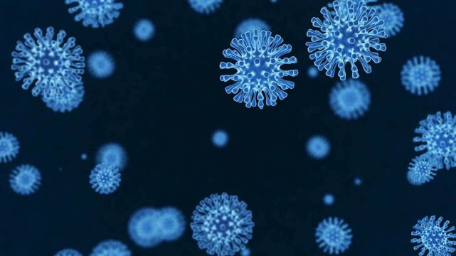 Visualization of virus cells floating in a dark blue microscopic environment, a medical scientific illustration.