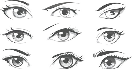 Set of nine different style eyes in vector format on white