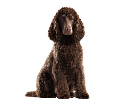 American Water Spaniel Sitting Upright with Dense Curly Coat, Front View, Isolated on Transparent Background