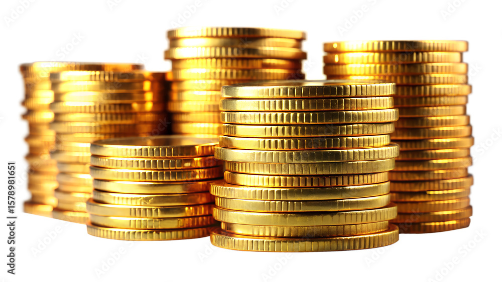 Poster multiple stacks of shiny gold coins are piled up, isolated on a transparent background