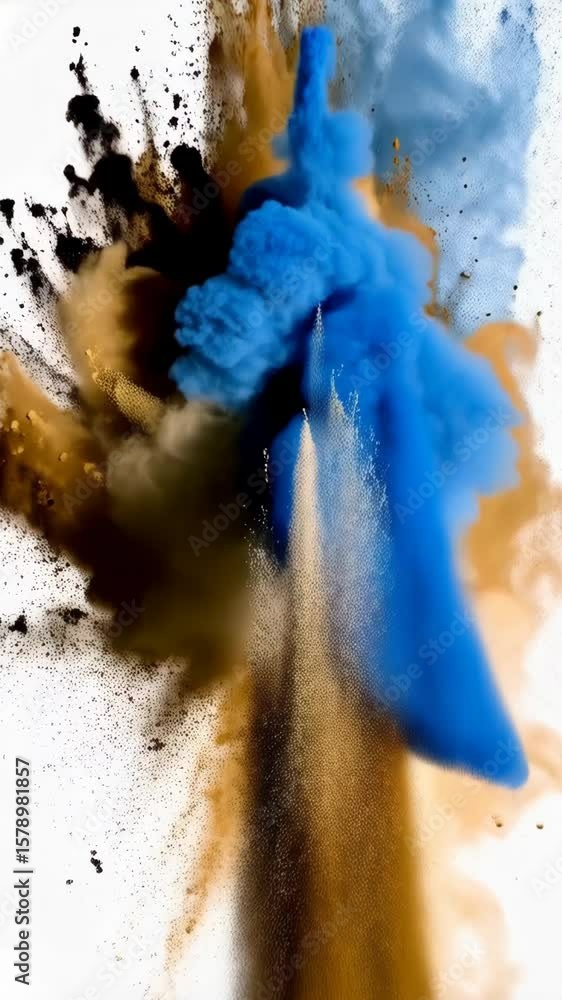 Poster dynamic explosion of blue and brown pigments in a colorful burst against a bright white background, 