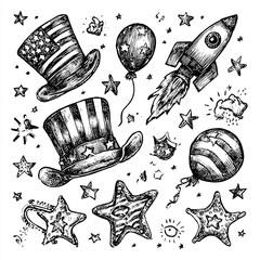 Hand-Drawn 4th of July Elements Featuring Patriotic Celebration Icons Like Stars, Fireworks, Hats, and Flags in a Festive Artistic Style, Perfect for USA Independence Day Crafts and Creative Designs