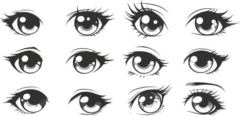 Collection of twelve different anime style eyes with eyelashes on white