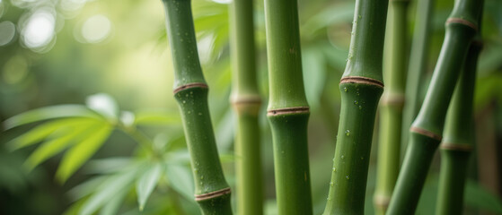 Lush green bamboo stalks create serene atmosphere, showcasing nature beauty and tranquility in vibrant setting