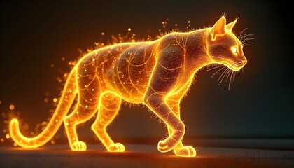 Fototapeta premium Futuristic glowing wildcat created from golden electric lines, digital energy feline artwork