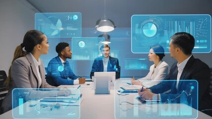 Diverse professionals analyze data and charts in a modern meeting, illustrating collaboration and future business strategy. - Powered by Adobe