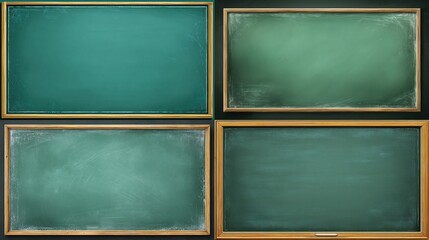 Four rectangular chalkboards in varying shades of green with wooden frames, displayed in a grid