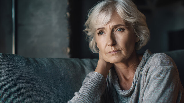 Mature woman with gray hair rests her head on hand while sitting on a dark couch - Powered by Adobe