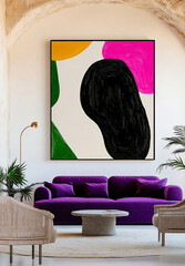 Elegant living room with bold pops of color. The fuchsia sofa and geometric art create a unique space. Ideal for decorating trends.