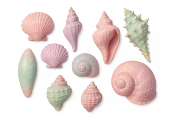 Pastel pink and green seashells varying in form, scattered artfully across transparent surface, embodying coastal summer aesthetic