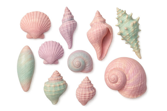 Pastel pink and green seashells varying in form, scattered artfully across transparent surface, embodying coastal summer aesthetic