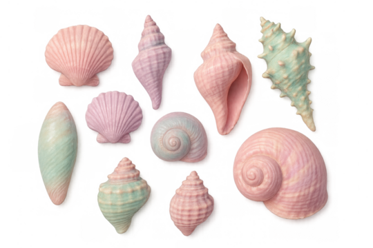 Pastel pink and green seashells varying in form, scattered artfully across transparent surface, embodying coastal summer aesthetic