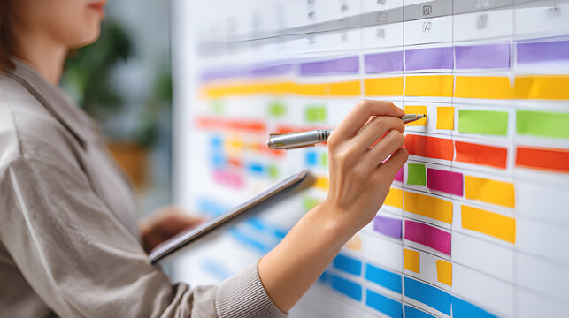 Person marks calendar with pen tablet in hand