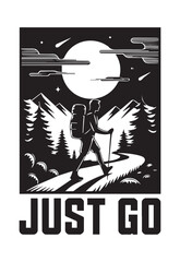 Adventure Awaits Hiking Silhouette Under the Moon T-shirt Design Vector