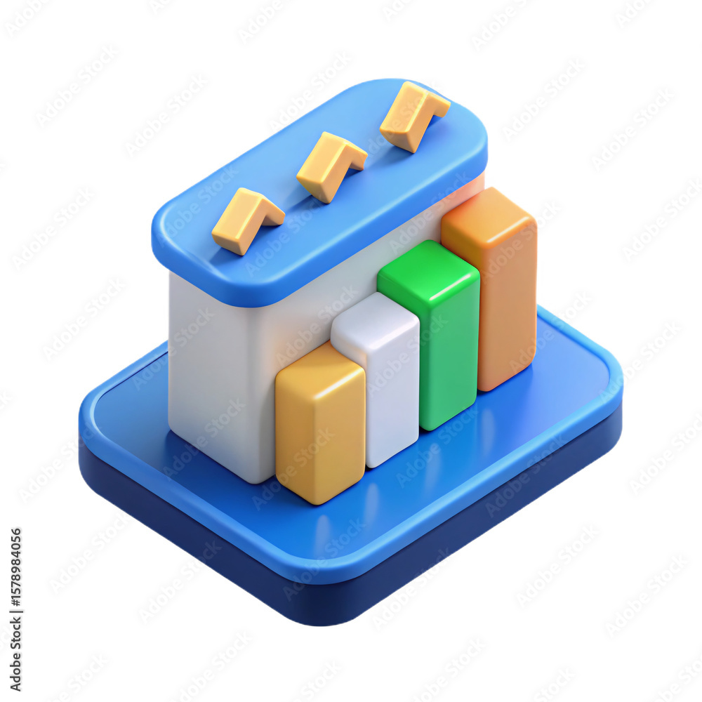 Poster 3d bar chart icon with rising trend, isolated on transparent background for data analysis and busine