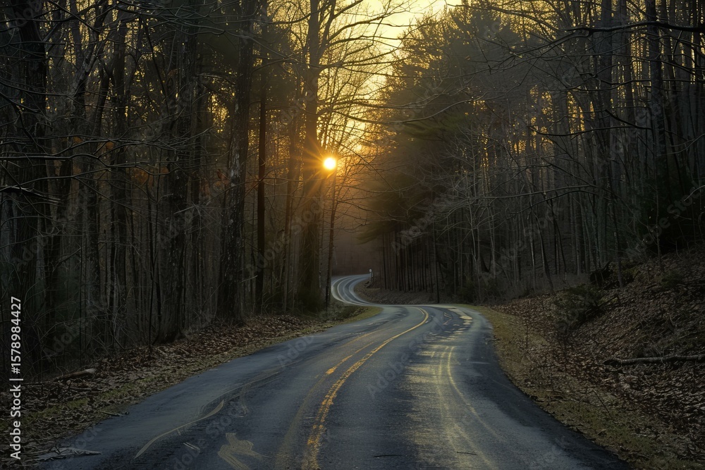 Poster sun setting behind trees illuminating winding road through forest creating a scenic drive