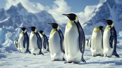 Obraz premium Emperor penguins on snowy ice, mountains