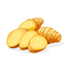 Minimalistic 2D flat icon featuring sliced ginger root, clean vector design, simple illustration style, isolated on a white background, modern element in vector and EPS format. simple design set