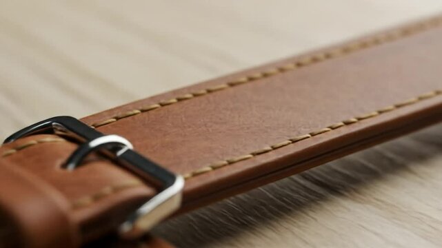 Close up shot of a brown leather watch strap with a silver buckle on a wooden surface