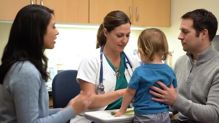 Doctor examining toddler with parents present, clinic environment and consultation - Powered by Adobe
