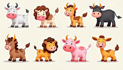 Naklejka premium Cartoon farm animals displaying playful emotions on a light background 