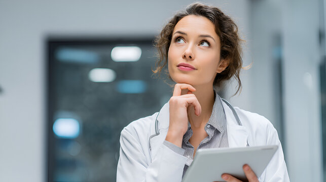 Woman doctor pondering with tablet in a modern hospital or clinic