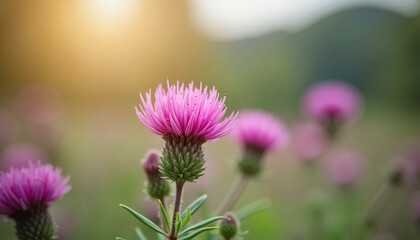 Obraz premium Pink thistle flower blooming in a soft-focus meadow 