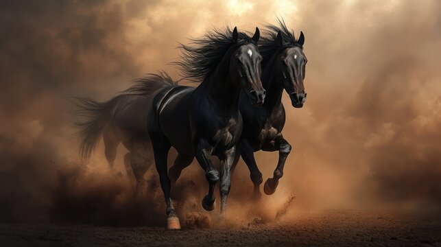Two dark horses run through a dusty sunset storm