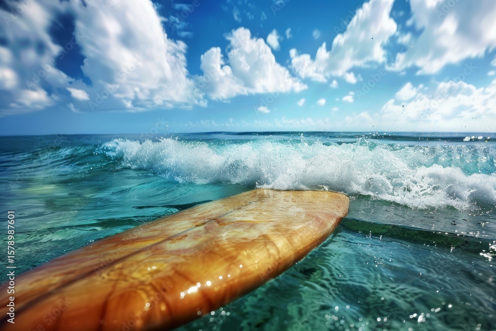 Poster wooden surfboard floating on translucent ocean water with a small breaking wave in the background un
