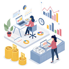 "Team Analyzing Business Data &ndash; Isometric Office Workspace Concept"