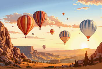 Fototapeta premium Colorful hot air balloons flying in the sky at sunset over mountains 