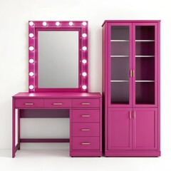 Pink vanity table with lighted mirror isolated on white background