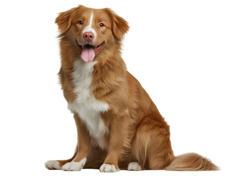 Nova Scotia Duck Tolling Retriever Sitting with Tongue Out and Feathered Tail, Front View, Isolated on Transparent Background