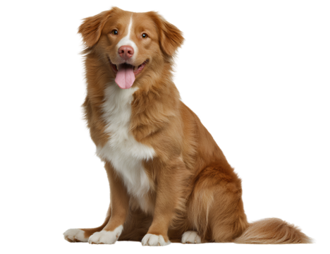Nova Scotia Duck Tolling Retriever Sitting with Tongue Out and Feathered Tail, Front View, Isolated on Transparent Background