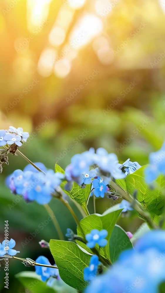 Poster close-up view of delicate blue forget-me-not flowers in a lush garden setting with soft, warm sunlig