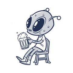 Funny cartoon alien holding a mug of beer. Cute extraterrestrial character enjoying drink. Vector illustration isolated on white background.