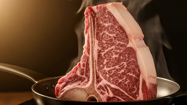 Raw t bone steak in pan culinary food photography close up delicious raw meat kitchen setting