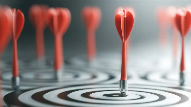 Red dart hits the bullseye on a target dartboard, symbolizing business success and achievement