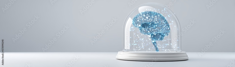 Poster a digital brain model enclosed in a transparent dome on a white surface symbolizing artificial intel