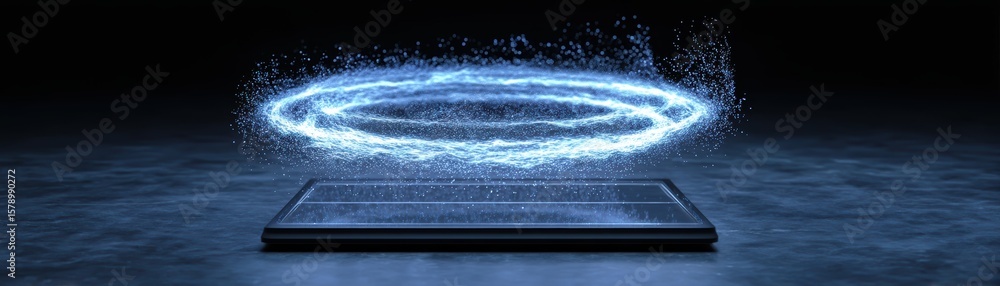 Poster a smartphone projects a glowing, circular holographic display of bright particles in a futuristic da