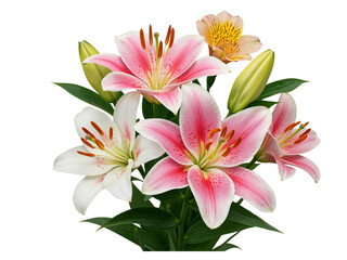 Obraz premium Beautiful bouquet of pink and white lilies with green leaves on black background