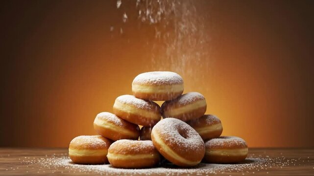 A tempting stack of sugar-glazed donuts with powdered sugar falling dramatically in slow motion