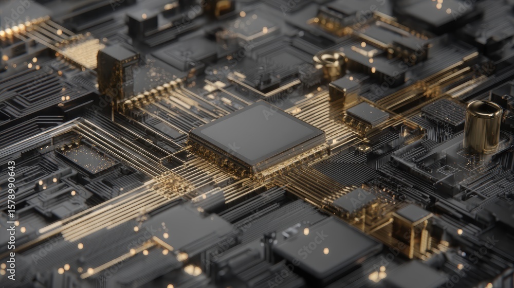 Poster close-up of a futuristic black and gold microchip on a circuit board, showcasing intricate electroni