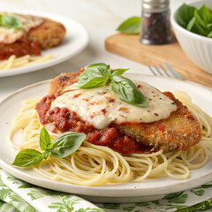 Delicious chicken parmesan with spaghetti and fresh basil garnish