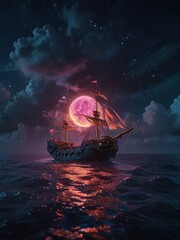 Dark ship, vibrant moon, starlit night