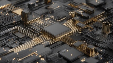 Close-up of a futuristic black and gold microchip on a circuit board, showcasing intricate electronic pathways and components, AI computer set