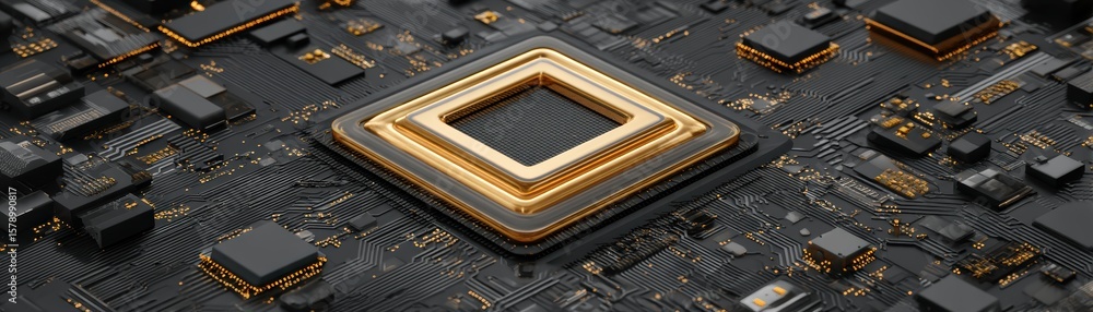 Poster close-up view of a computer microchip on a circuit board with intricate electronic components and co