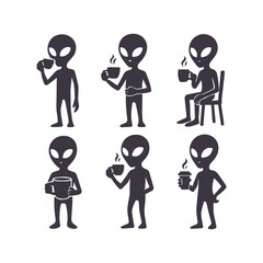 Set of alien silhouettes vector illustration. Collection of extraterrestrial creature icons in various poses. Isolated on white background.