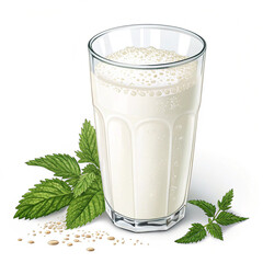 Refreshing glass of creamy nettle milk with fresh green leaves and seeds