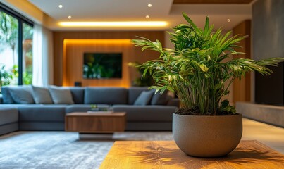 Interior background with a plant, offering a fresh and inviting atmosphere for the living room design, Generative AI